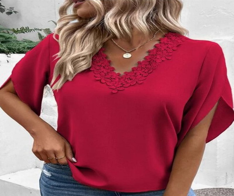 Solid V-neck Lace Cutout Short Sleeves Blouses
