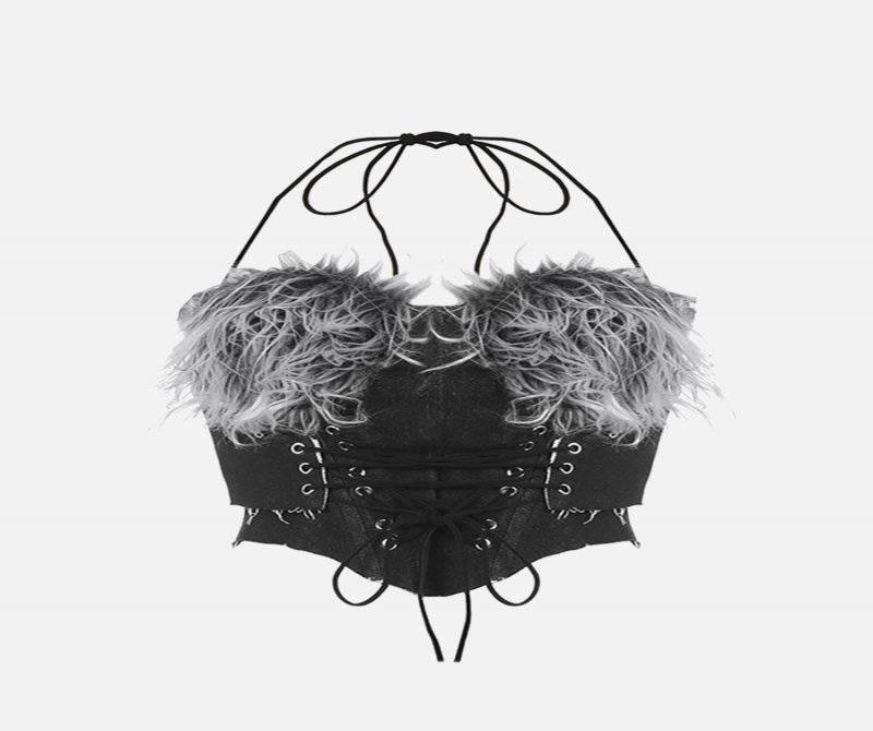 Thesupermade Pure Desire Name Furry Patchwork Small Suspender Strap Denim Vest