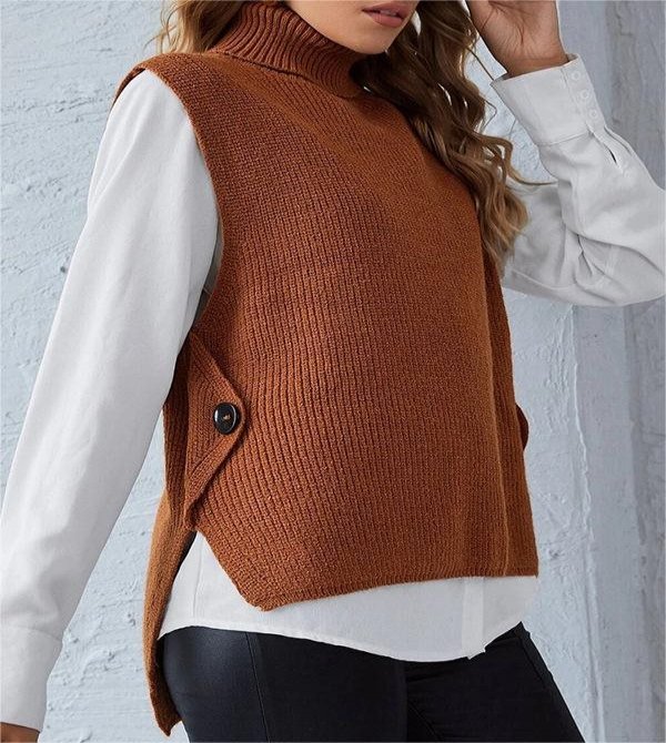 Women's Retro Casual Knitted Turtleneck Pullover Sleeveless Sweater Vest
