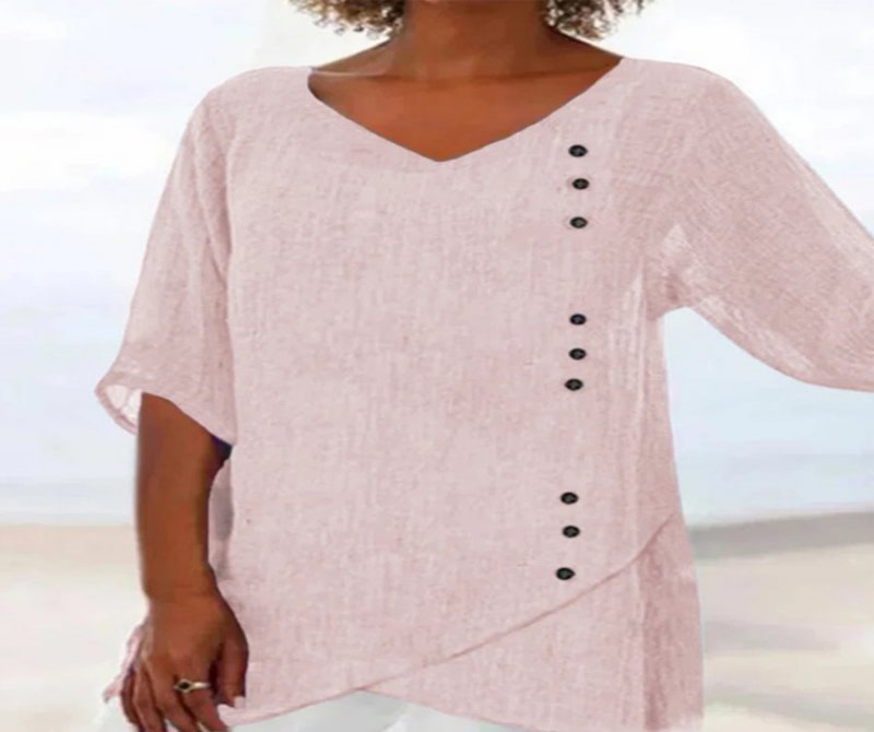 V Neck Half Sleeves Linen Blend Solid Blouse
