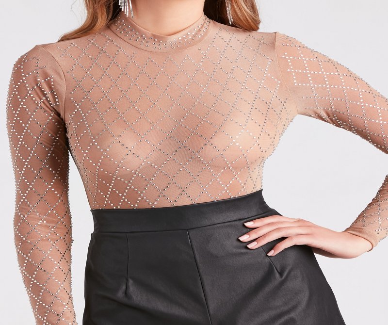 TableClothsUs Moment To Slay Rhinestone Mesh Bodysuit