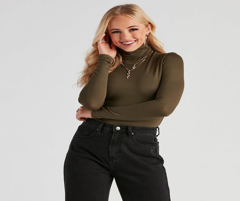 TableClothsUs Basic Long Sleeve Crepe Turtleneck Bodysuit