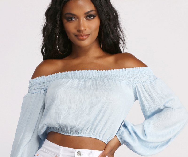 TableClothsUs Off The Shoulder Long Sleeve Gauze Crop Top
