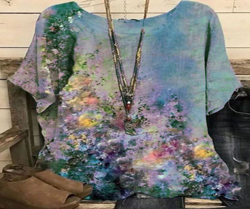 Cotton And Linen Loose Oil Painting Print Short-sleeved Blouse