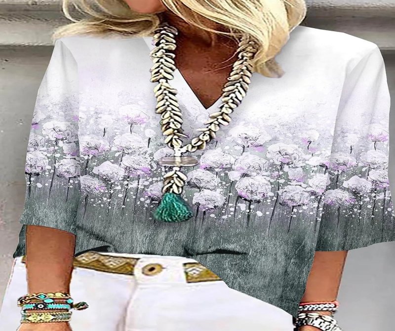 Printed V-neck 3/4 Sleeve Blouses
