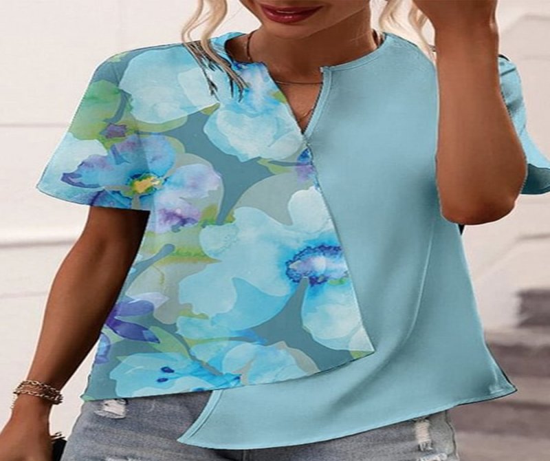 Printed V Neck Printed Asymmetrical Short Sleeve T-shirt