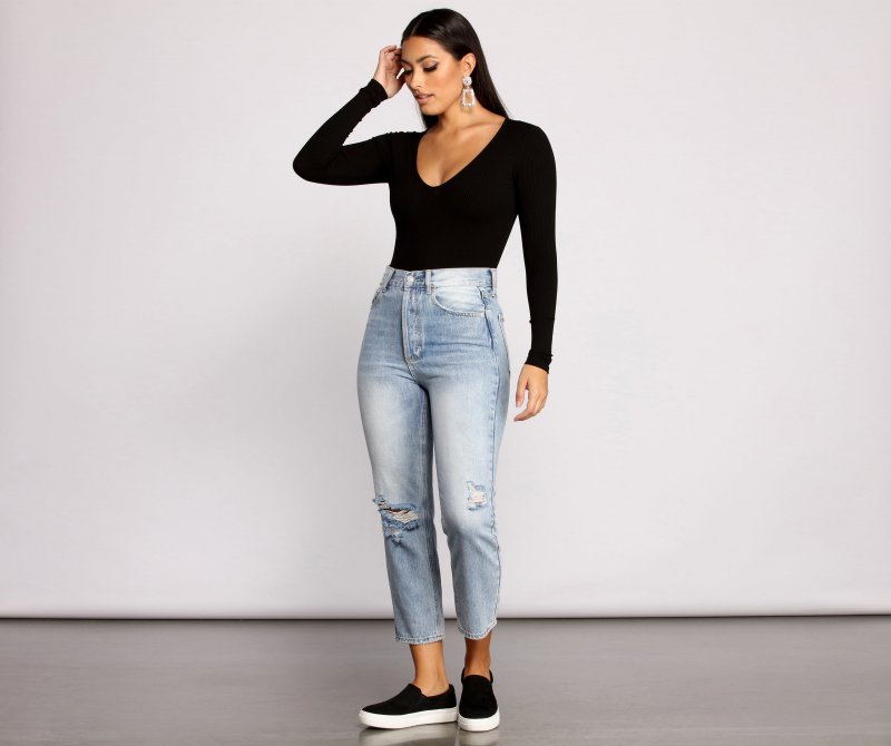 TableClothsUs Basic Long Sleeve V-Neck Bodysuit
