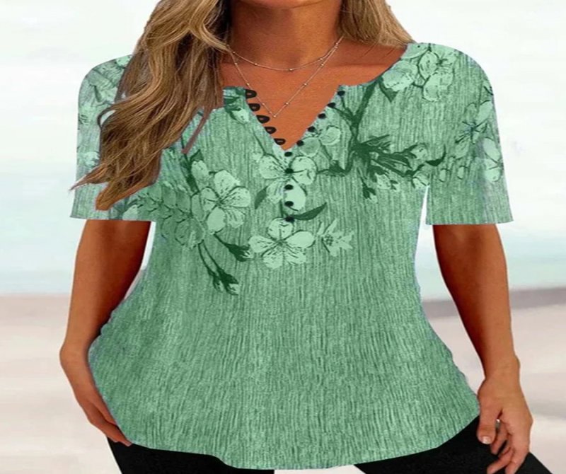 V Neck Short Sleeves Printed Casual Blouses