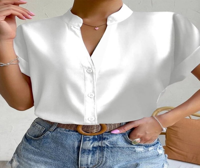 Simple V-neck Women's Short Sleeves Blouses