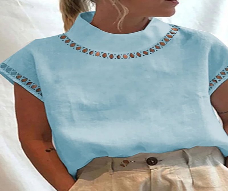 Solid Linen-blend Hollow Out Blouse