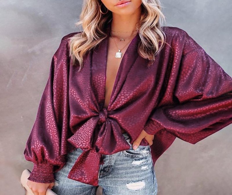 Fashion All-match Solid Color Tie Blouse