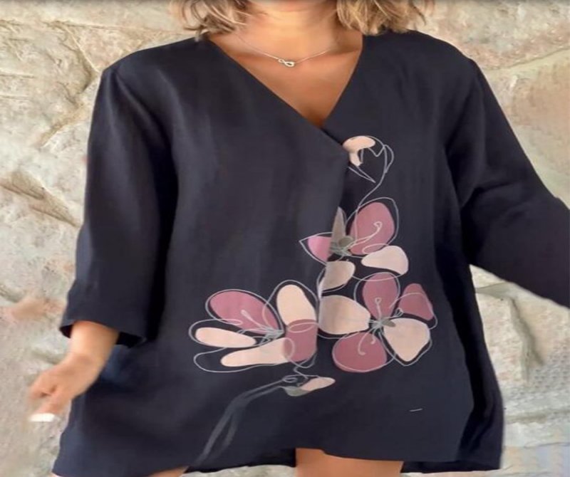 Linen Printed V Neck Long Sleeves Blouse