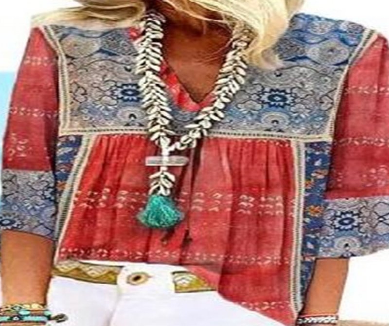 V-neck Loose Jacquard Printed Blouses