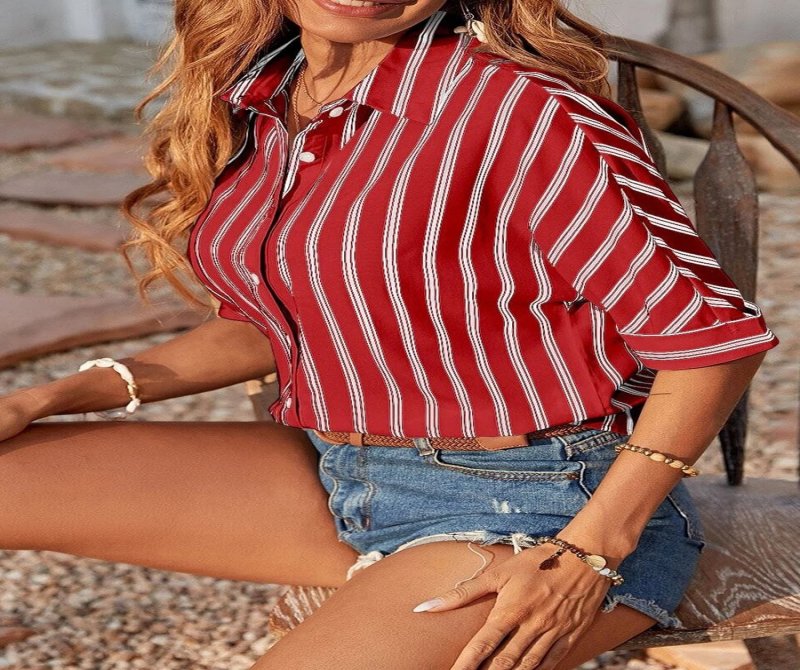 Short Sleeves Stripes Buttoned Casual Blouse
