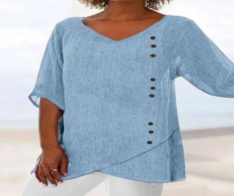 V Neck Half Sleeves Linen Blend Solid Blouse