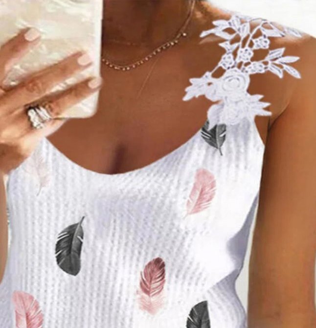 Casual Feather Print V-Neck Panel Lace Sleeveless Tank Top