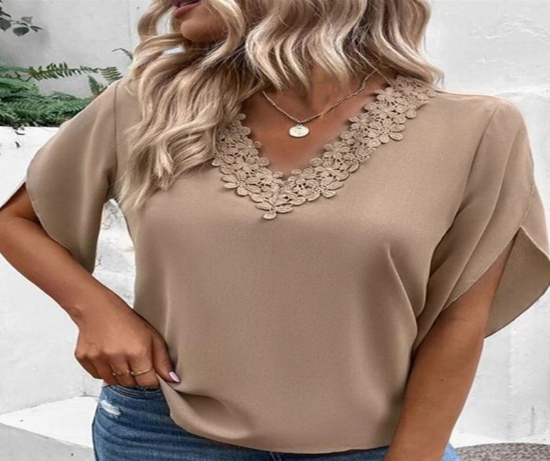 Solid V-neck Lace Cutout Short Sleeves Blouses