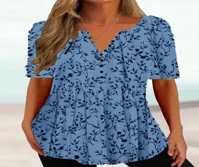 Loose V Neck Short Sleeve Pleated Button-Down Blouses