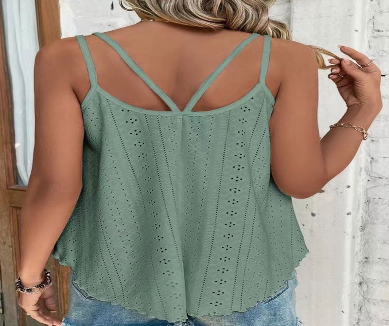 Round Neck Loose Casual Hollow Solid Color Sleeveless T-shirt