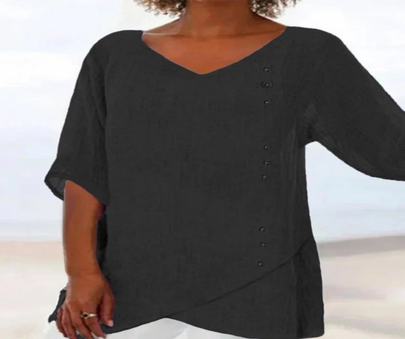 V Neck Half Sleeves Linen Blend Solid Blouse