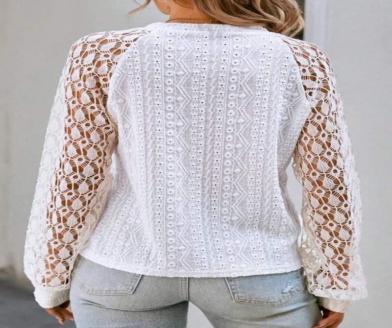 Women's Lace Solid Color Splicing Round Neck Long Sleeve Casual Blouses