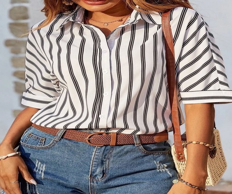 Short Sleeves Stripes Buttoned Casual Blouse