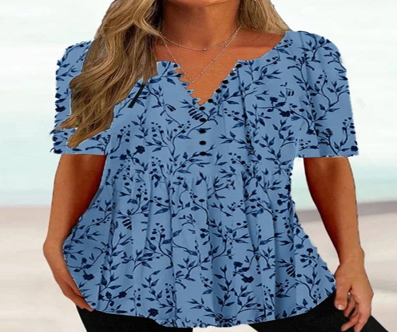 Loose V Neck Short Sleeve Pleated Button-Down Blouses