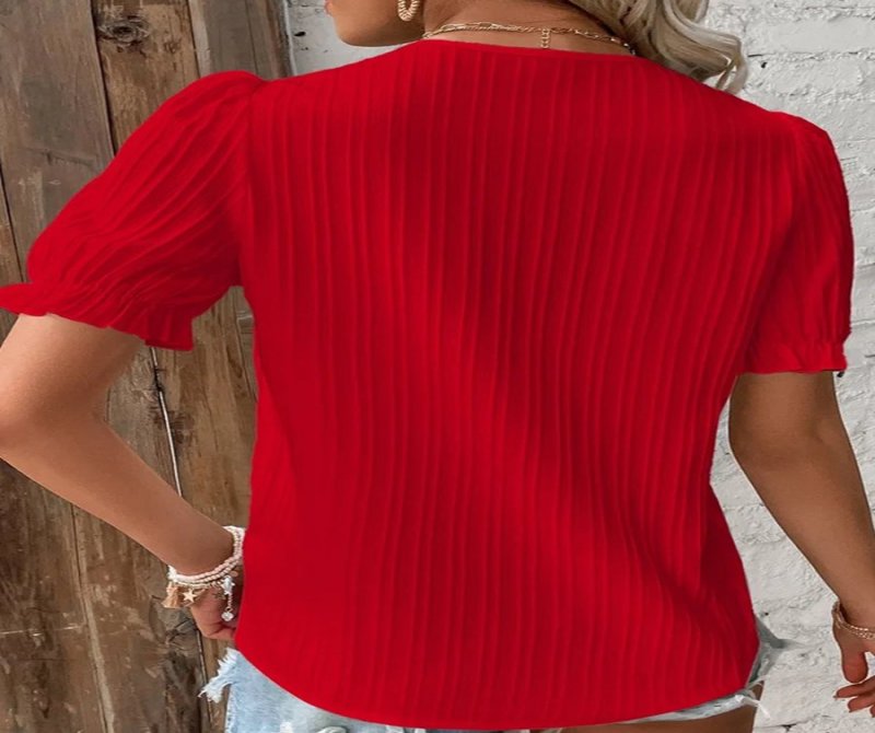 Solid Lace V Neck Short Sleeve Blouses