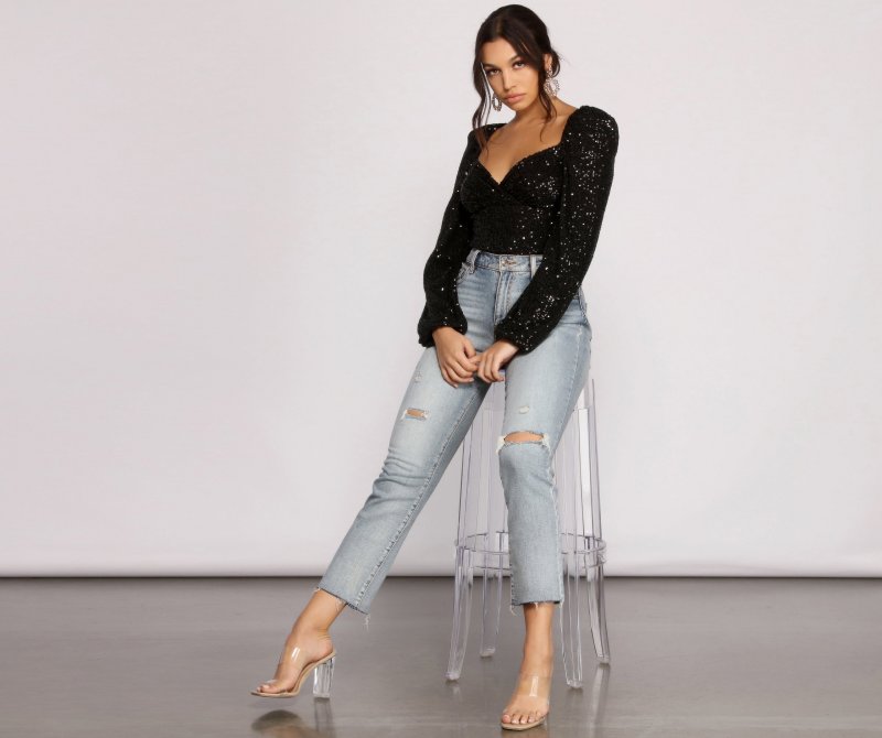 TableClothsUs All That Glow Puff Sleeve Sequin Bodysuit