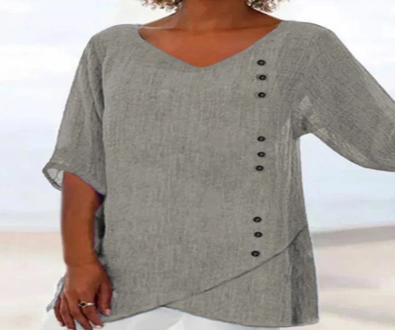 V Neck Half Sleeves Linen Blend Solid Blouse