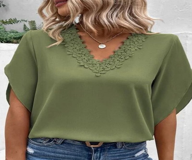 Solid V-neck Lace Cutout Short Sleeves Blouses