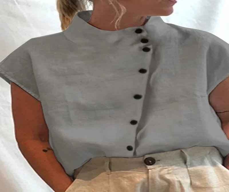 Short Sleeves Buttoned Casual Linne Blend Blouse