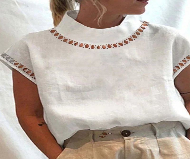 Solid Linen-blend Hollow Out Blouse