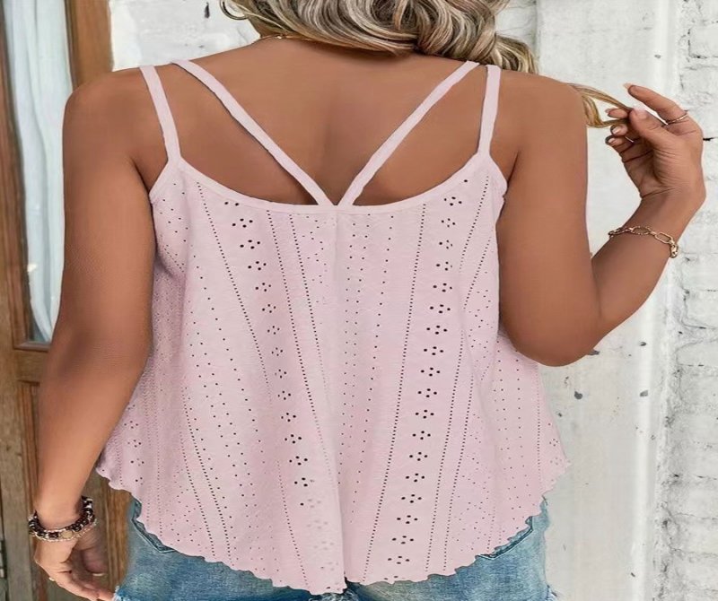 Round Neck Loose Casual Hollow Solid Color Sleeveless T-shirt
