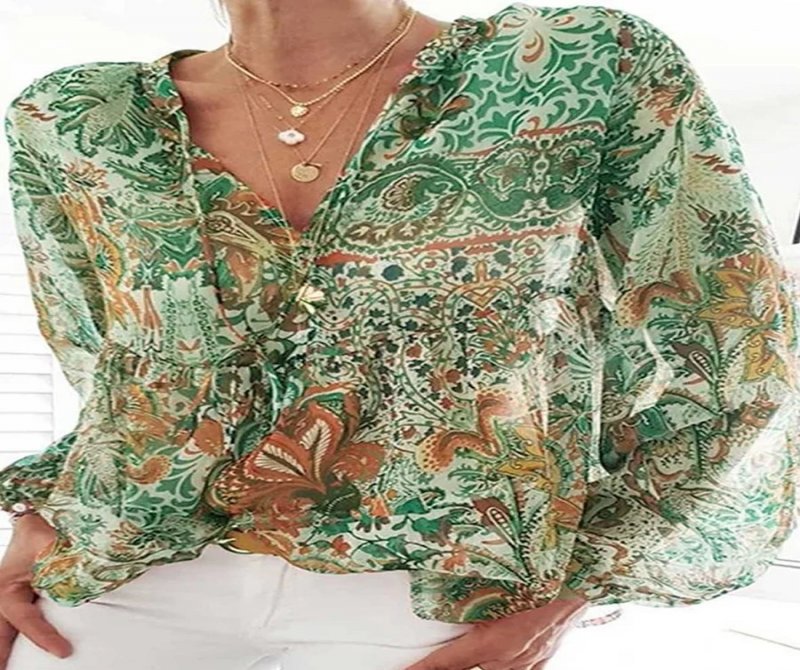 Casual Vintage Print V-Neck Long Sleeve Blouse
