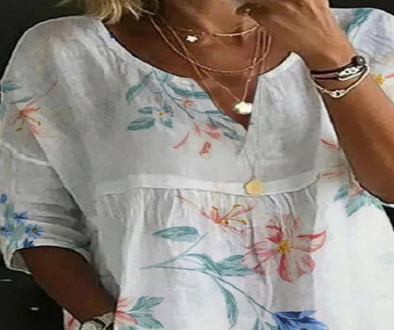 Loose Casual Cotton Linen V-neck Printed Blouses