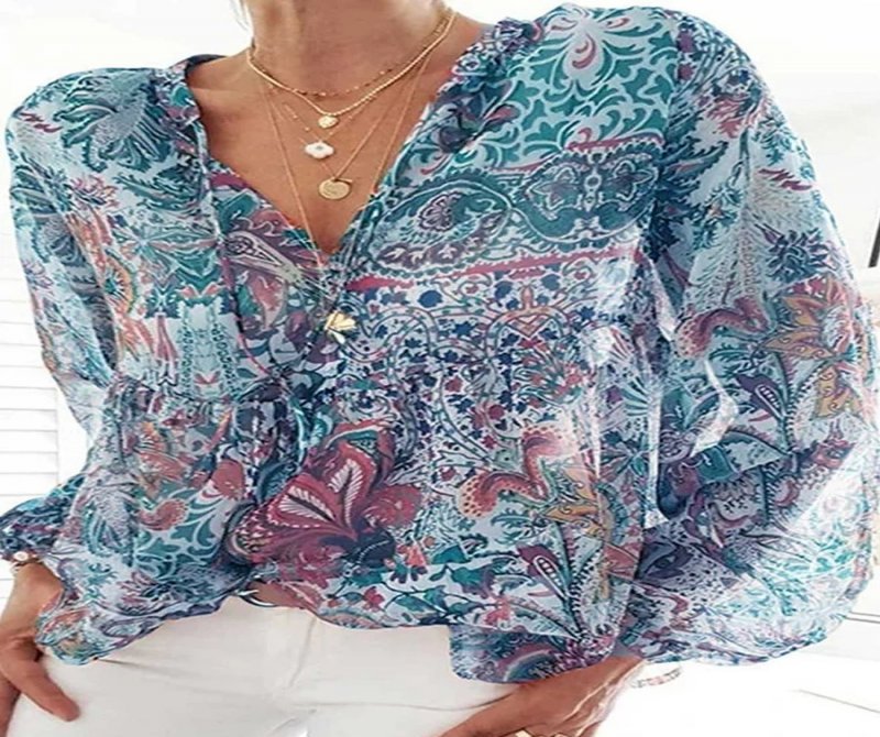 Casual Vintage Print V-Neck Long Sleeve Blouse