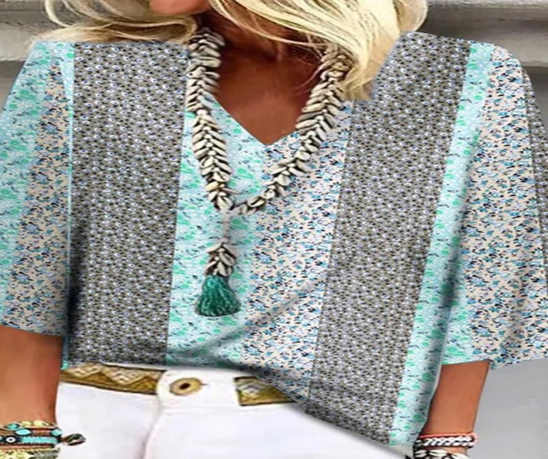 Floral Print V-neck Casual Loose Fitting Blouses