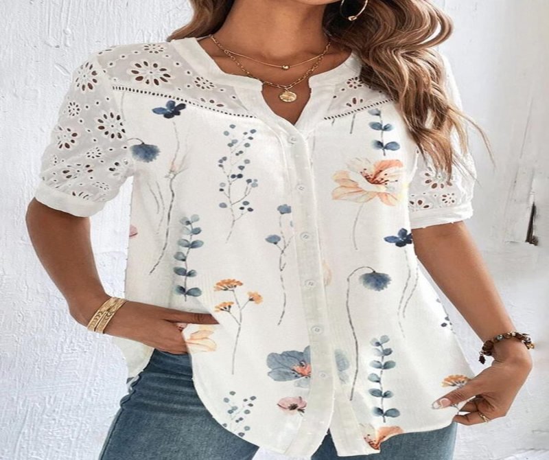Paneled Lapel Short Sleeve Blouses