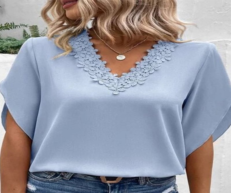 Solid V-neck Lace Cutout Short Sleeves Blouses