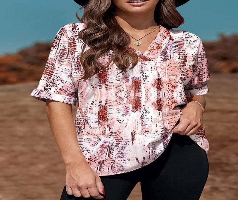 V Neck Short Sleeves Printed Blouse