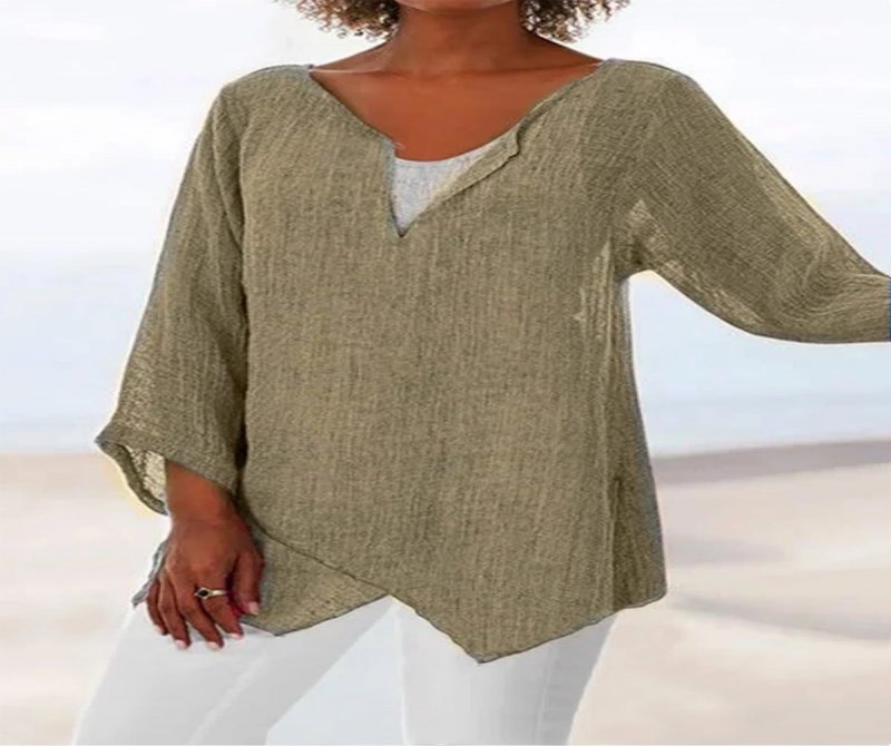 Women's Casual V-Neck Long Sleeve Cotton Linen Top