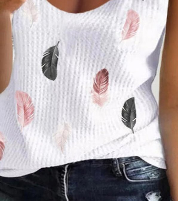 Casual Feather Print V-Neck Panel Lace Sleeveless Tank Top