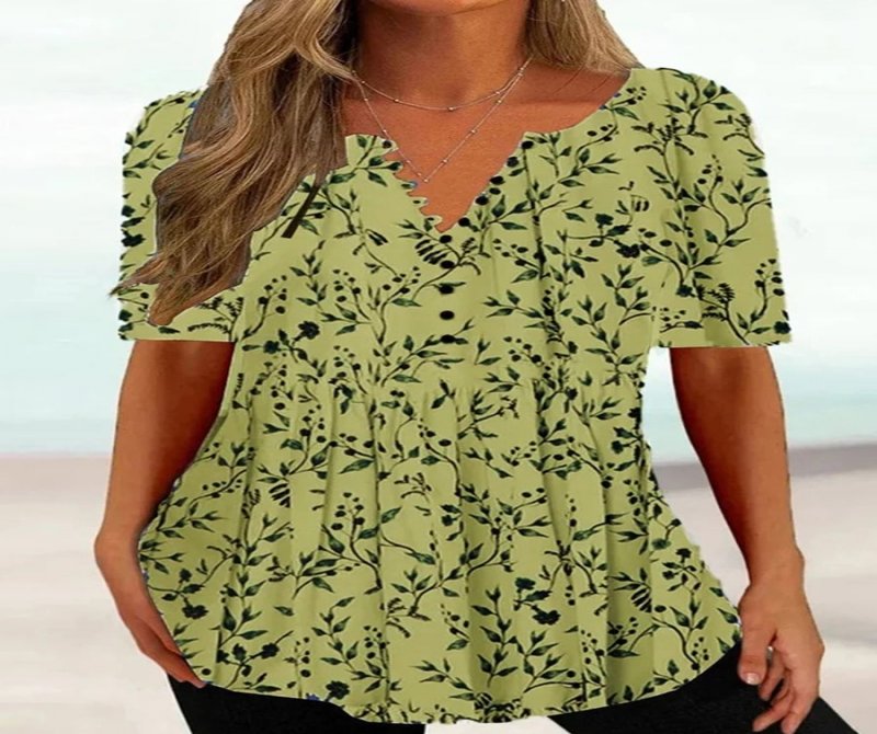Loose V Neck Short Sleeve Pleated Button-Down Blouses