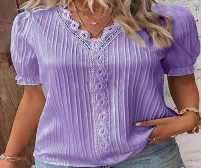 Solid Lace V Neck Short Sleeve Blouses