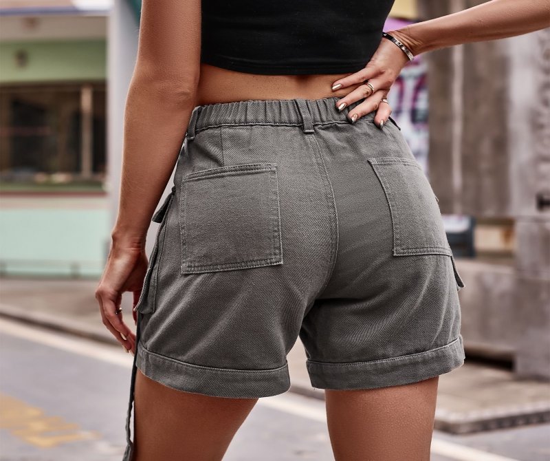 European And American Cross-border Foreign Trade Wish Amazon New American Denim Overalls Casual Pocket Shorts Elastic Waist Women