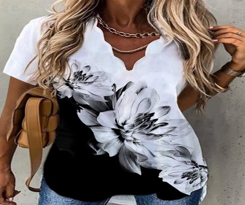 Wave Collar Printed Short Sleeves Blouse