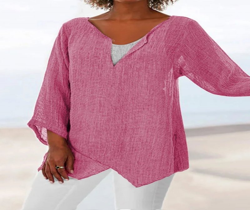 Women's Casual V-Neck Long Sleeve Cotton Linen Top
