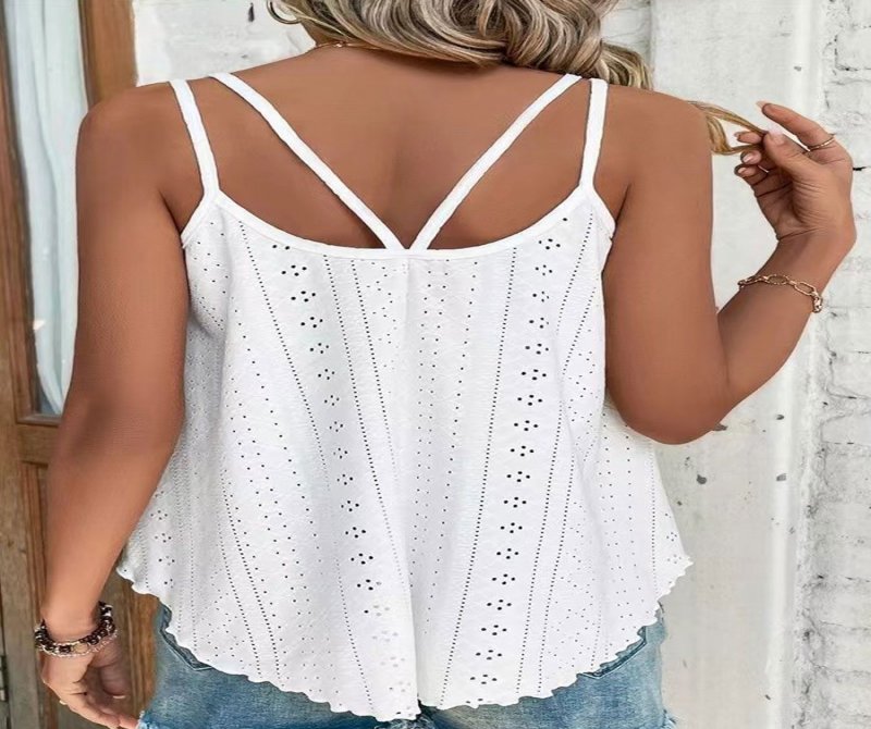 Round Neck Loose Casual Hollow Solid Color Sleeveless T-shirt
