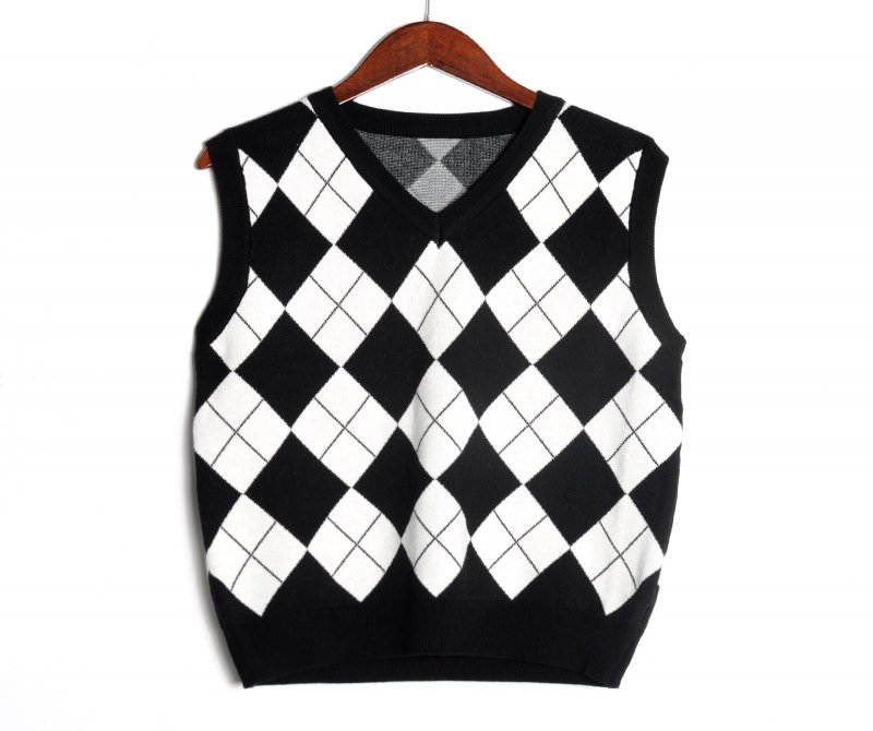 Fashion-rhombus Black And White Check Vest Short